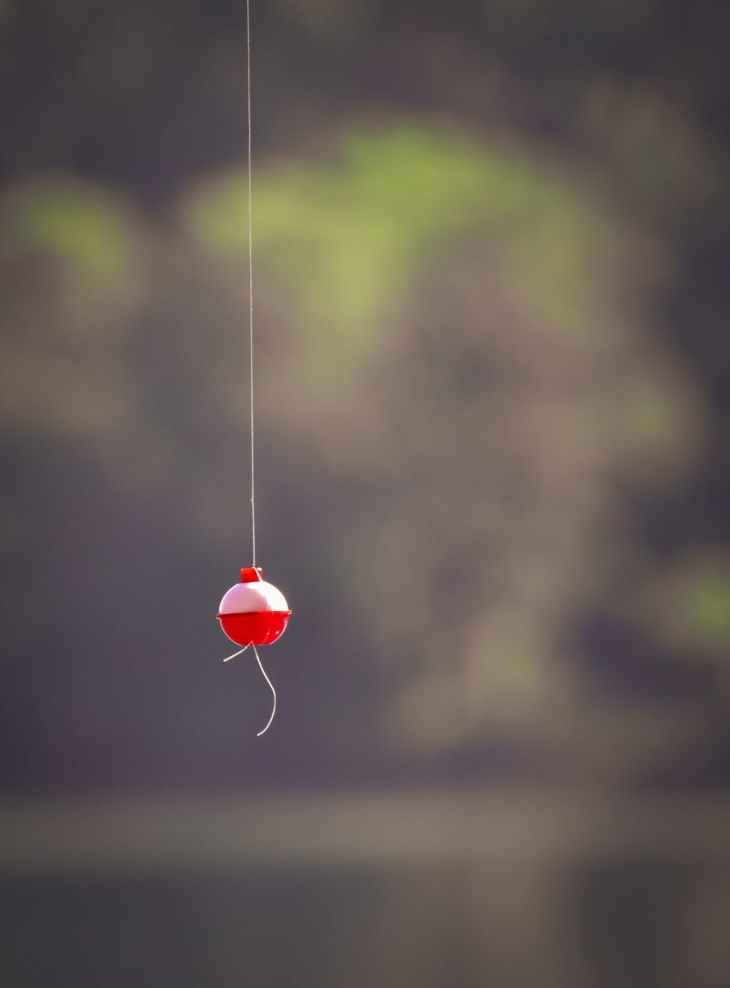 photo of a fishing bobber dangling above a blurred lake
